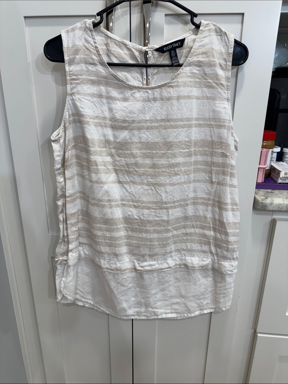 Ellen Tracy White and Beige Striped Sleeveless Blouse